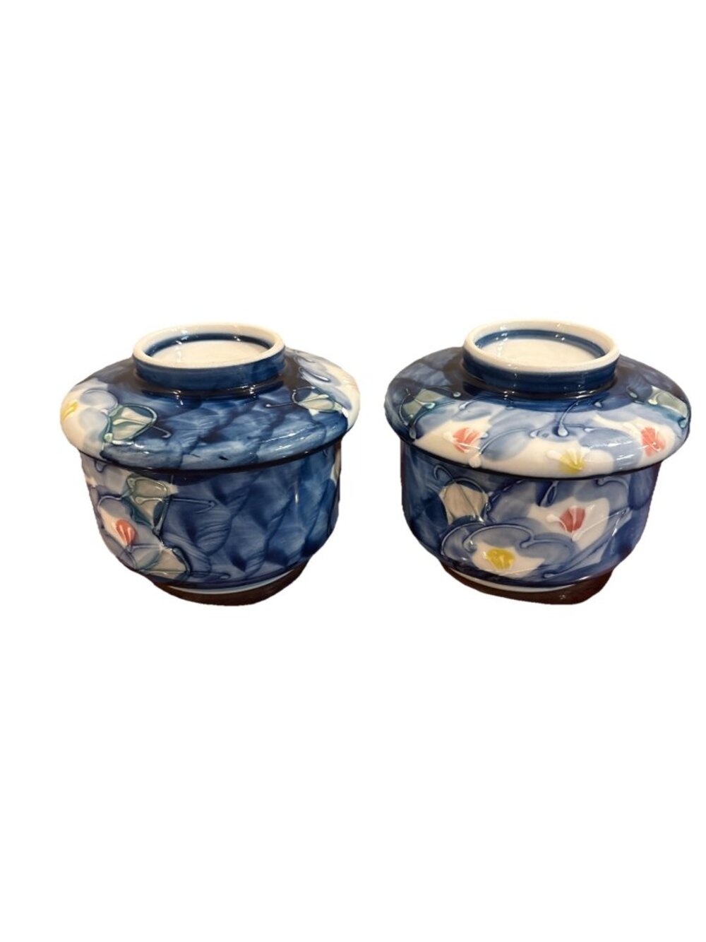 Japanese Porcelain Chawanmushi Blue Floral Hand Painted Bowl Set Lot of 2